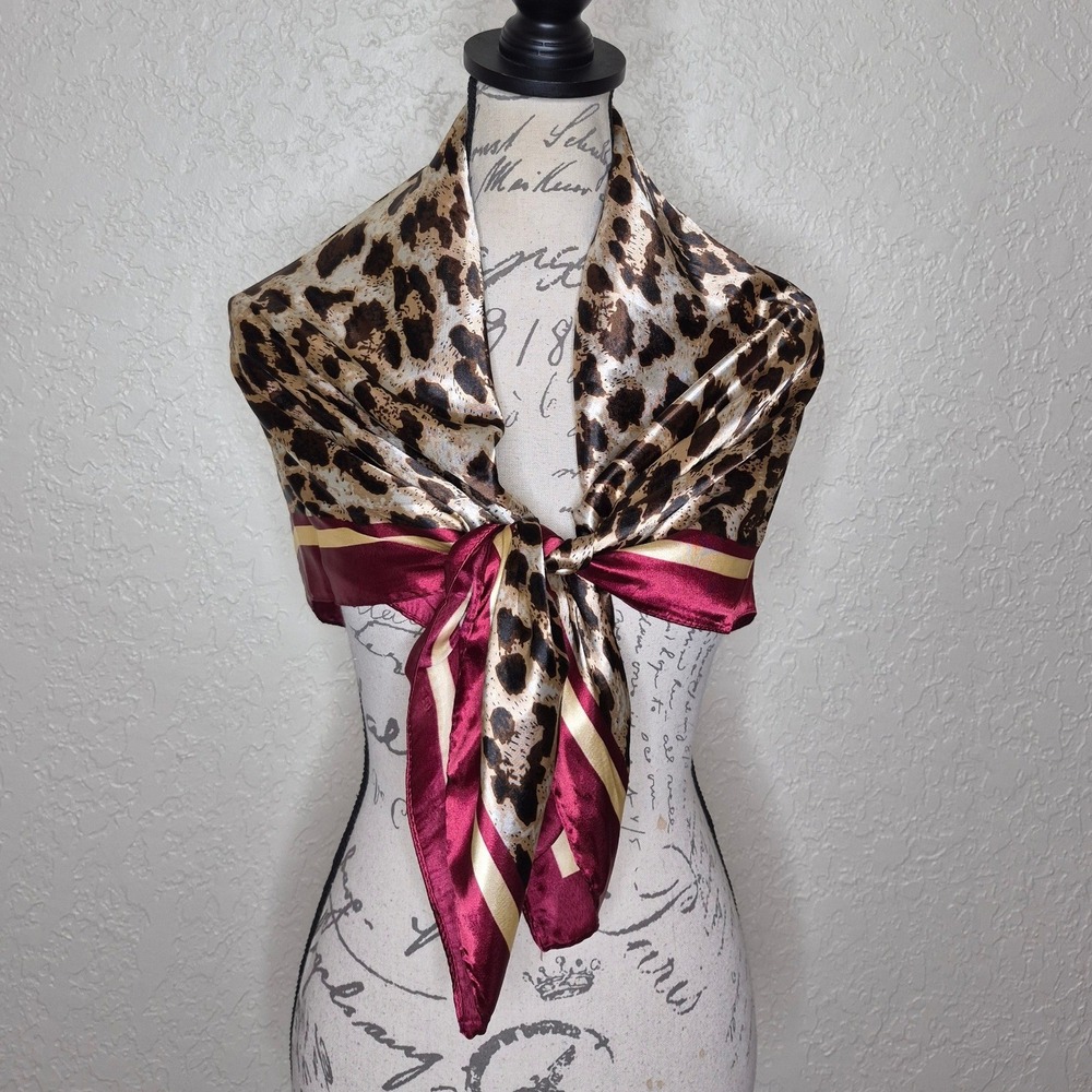 Leopard Print Satin Square Scarf Burgundy Cream Border Animal Print Neckerchief